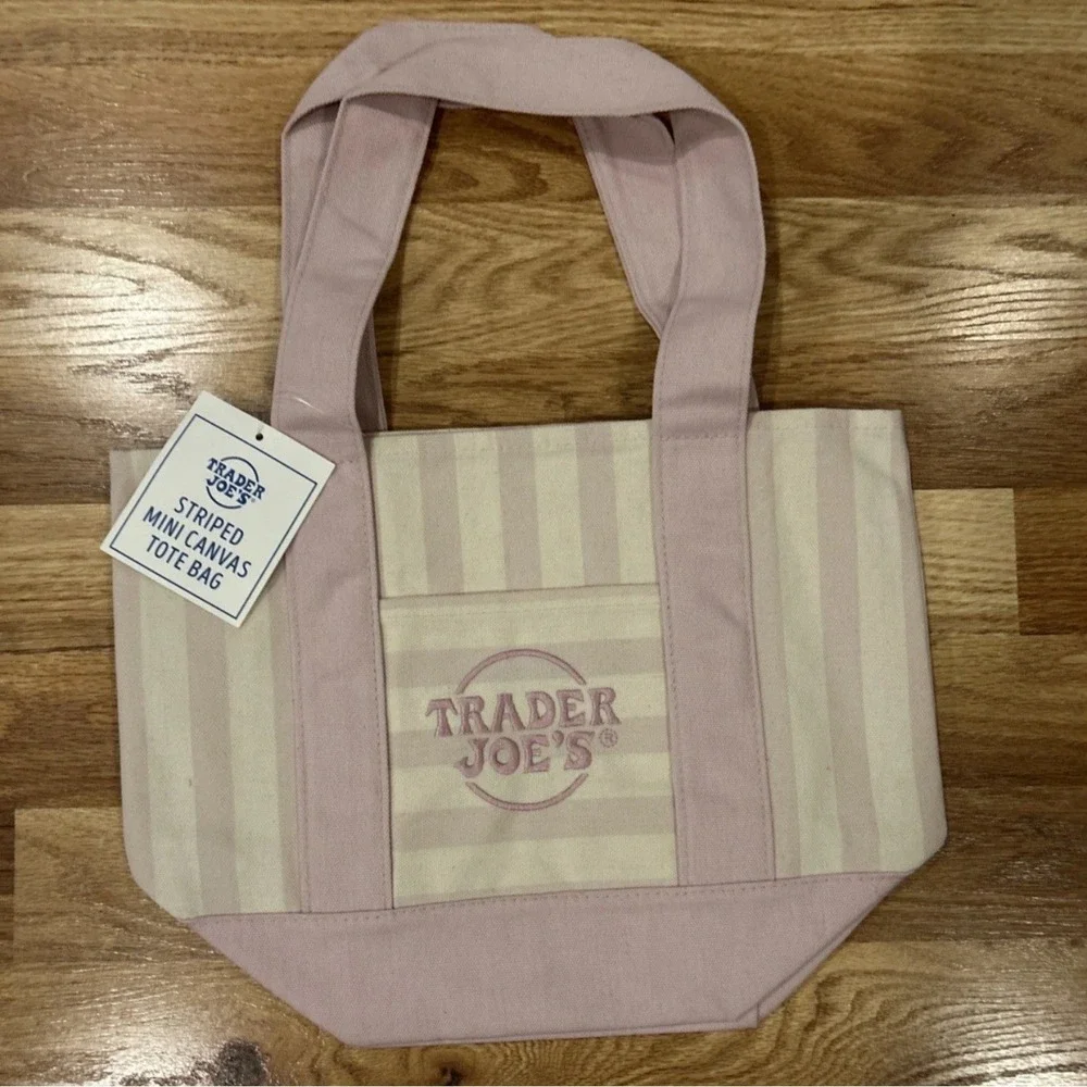 Trader Joe's Striped Mini Canvas Tote Bag Set of 4 Pink Blue Green Tan NWT